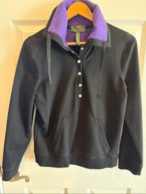 Lauren Ralph Lauren Women Black Pullover Track Jacket with Purple Collar Size M